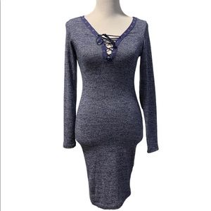 Poof | Blue V-neck Lace Up Long Sleeve Dress